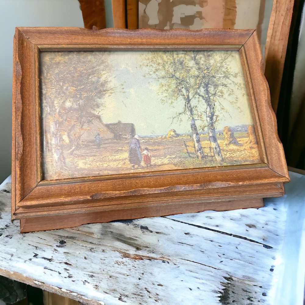Vintage Wood Box Mirror Litho Jewelry Box
